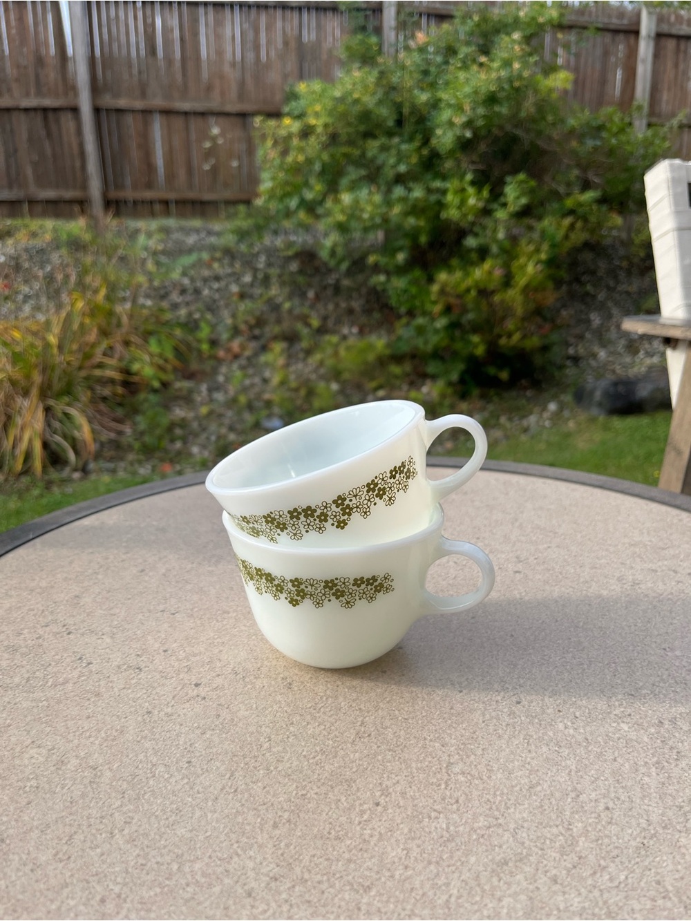 Pyrex White Milk Glass Mugs with Olive Green Floral Band - Set of 2